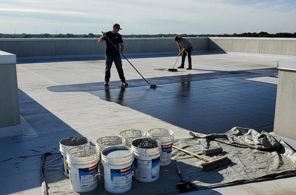 Commercial flat roof installation with waterproofing membrane application