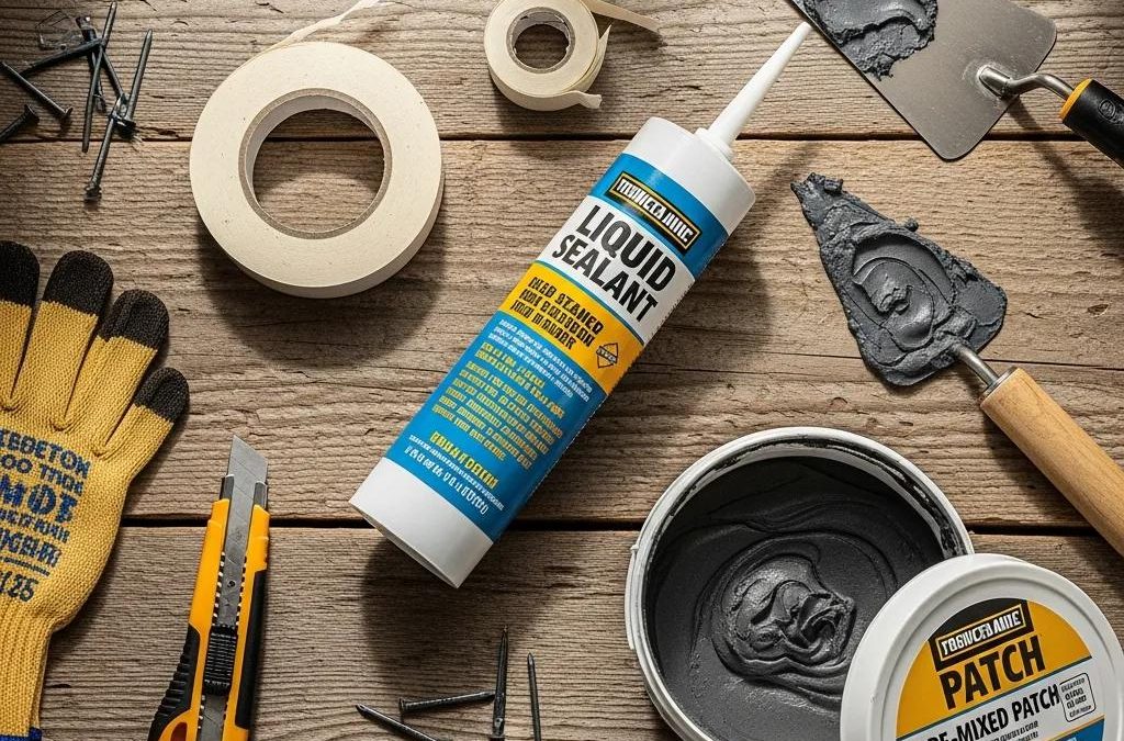 Variety of roof patch kits including liquid sealants and repair tapes on a wooden surface